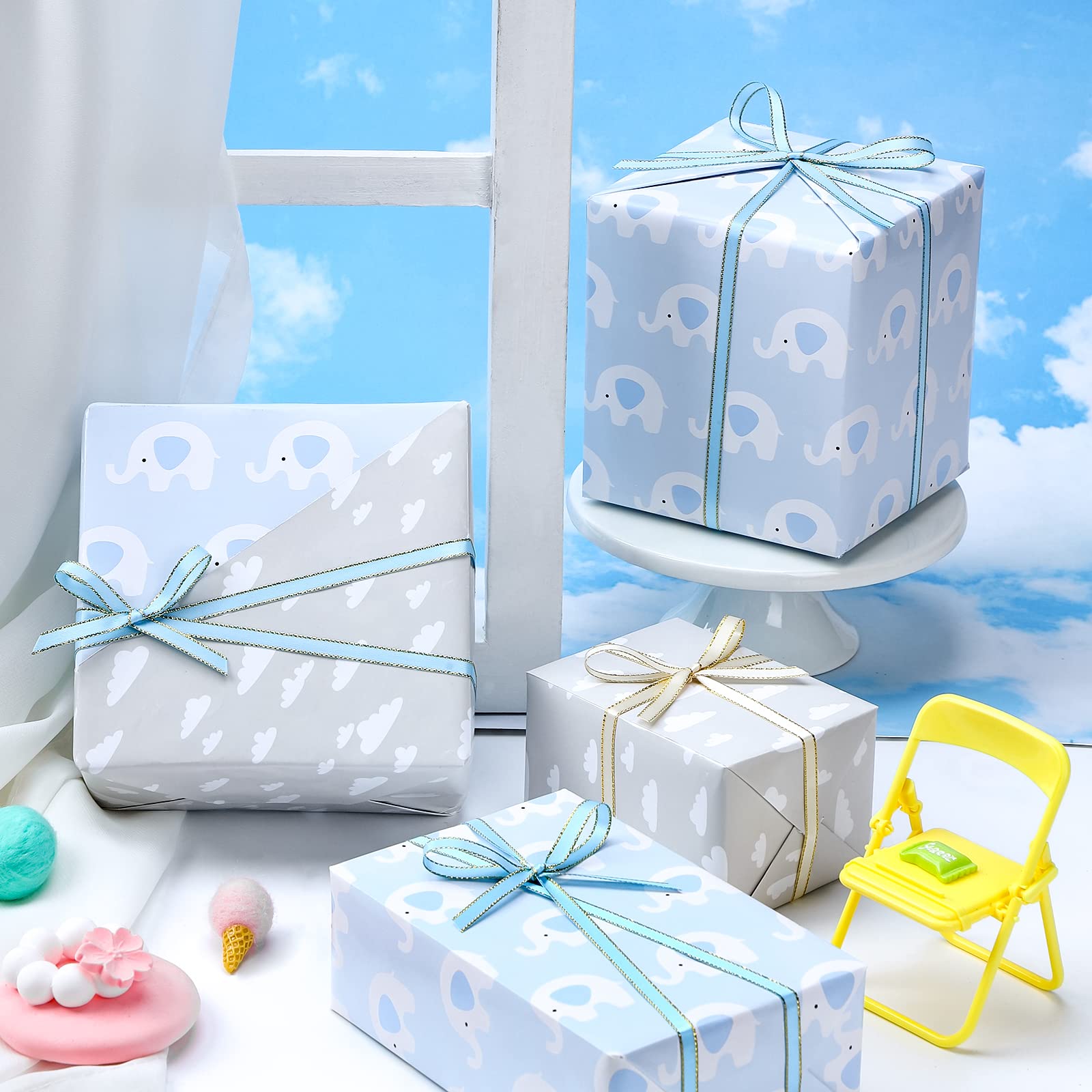 LeZakaa Reversible Baby Shower Wrapping Paper - Elephant in Blue & Cloud in Gray for Baby Boy - 17 inches x 32.8 Feet (46.45 sq.ft.)