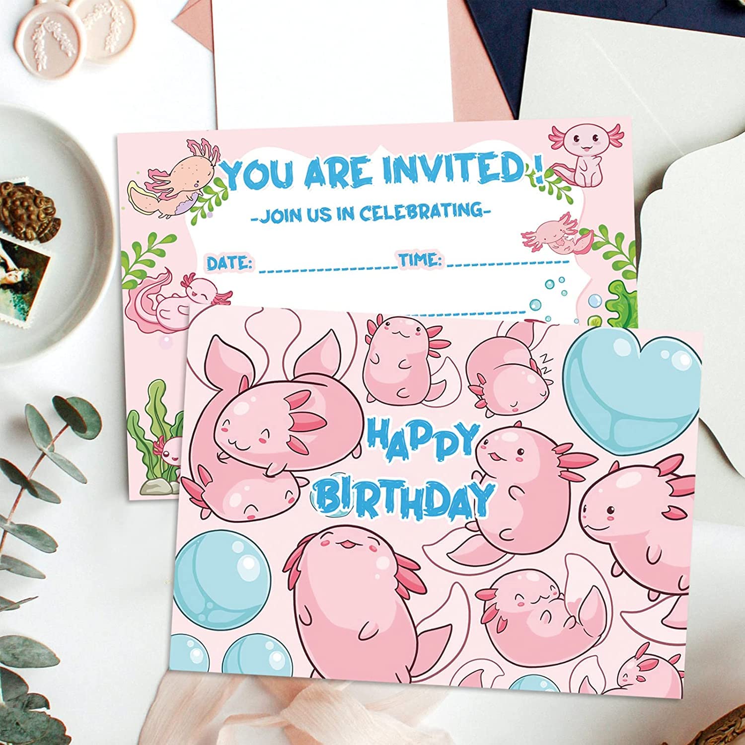 UOKRANH 16PCS Axolotl Birthday Invitation Cards 16PCS Animal Anime Postcard Styles 5x7 inches Invitations With Axolotl Graffiti Birthday Party Invite Card Supplies for Children（Envelope Included）