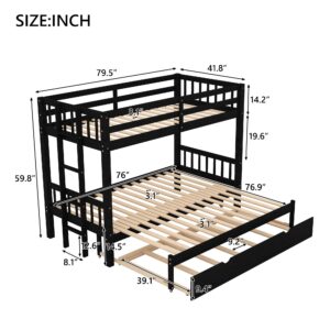 LostCat Twin Over Pull-Out Bunk Bed with Trundle, Wooden Twin Over Twin/Full/Queen/King Bunk Beds, Extendable Bunk Bed with Ladder and Guardrail, Espresso