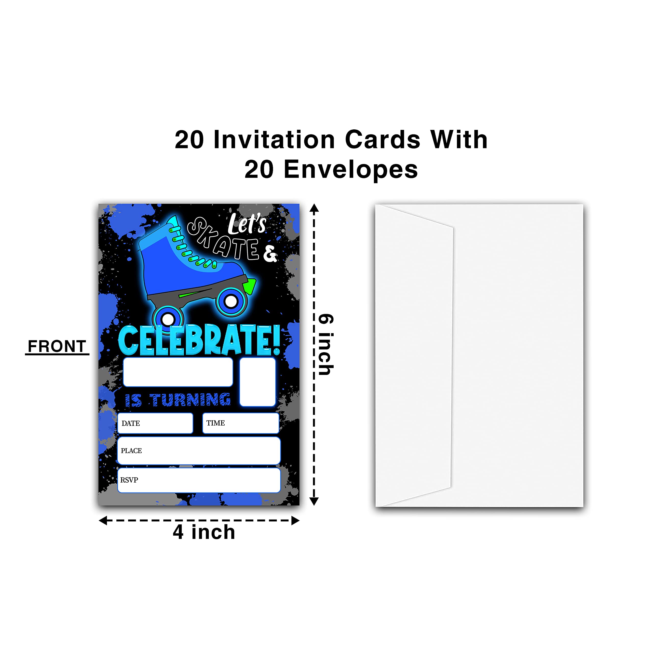 ONDTOM Blue Roller Skating Birthday Party Invitations With Envelopes(4" x 6")- 20 Pack - Neon Glow Skating Party Invites-c15