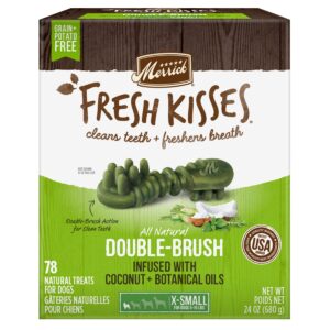 Merrick Fresh Kisses Double-Brush Dental Dog Treats, Infused with Coconut & Botanical Oils, Grain & Potato Free, for X-Small Dogs, 78 CT Treats/Pack (Pack of 4)