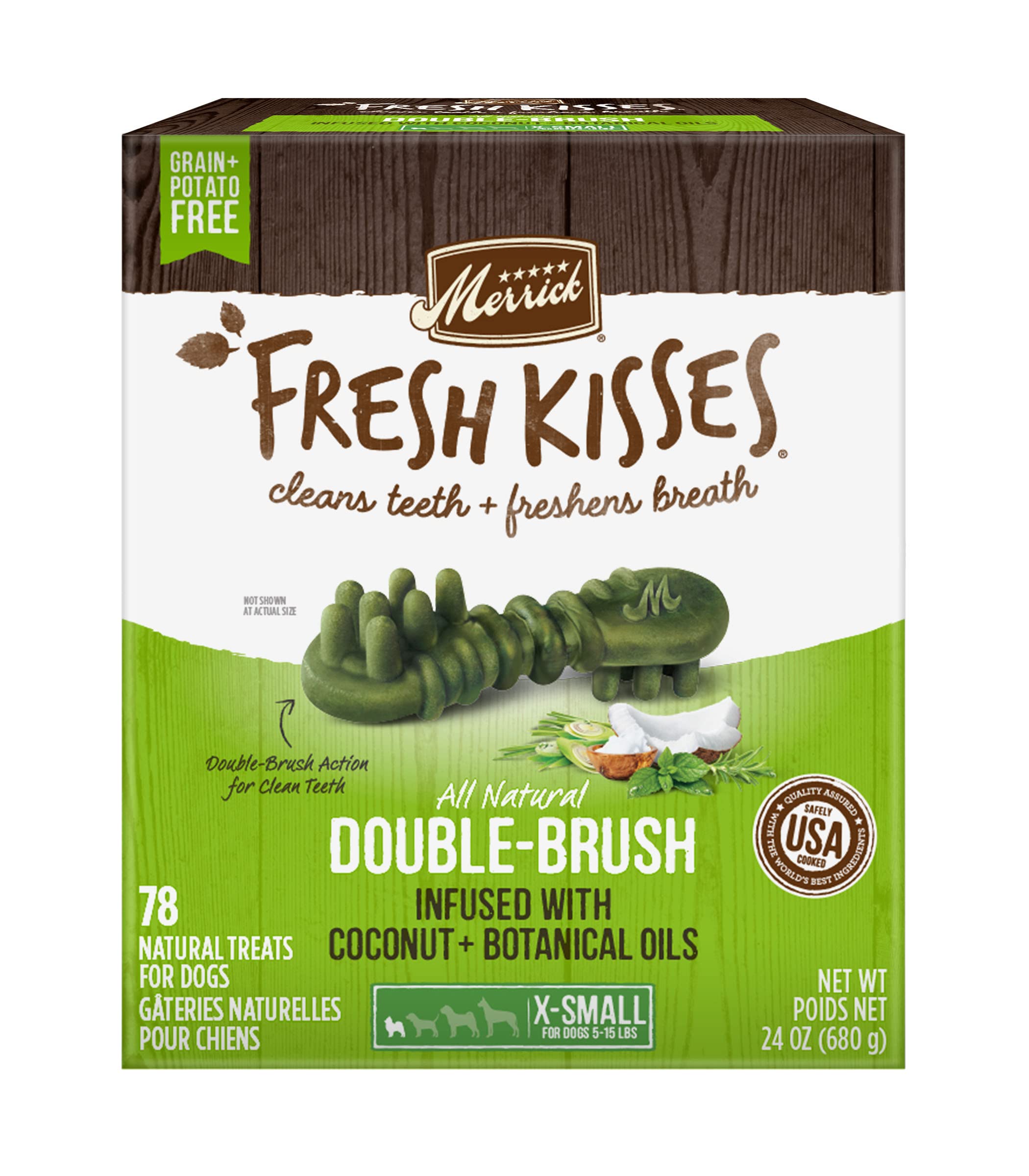 Merrick Fresh Kisses Double-Brush Dental Dog Treats, Infused with Coconut & Botanical Oils, Grain & Potato Free, for X-Small Dogs, 78 CT Treats/Pack (Pack of 4)