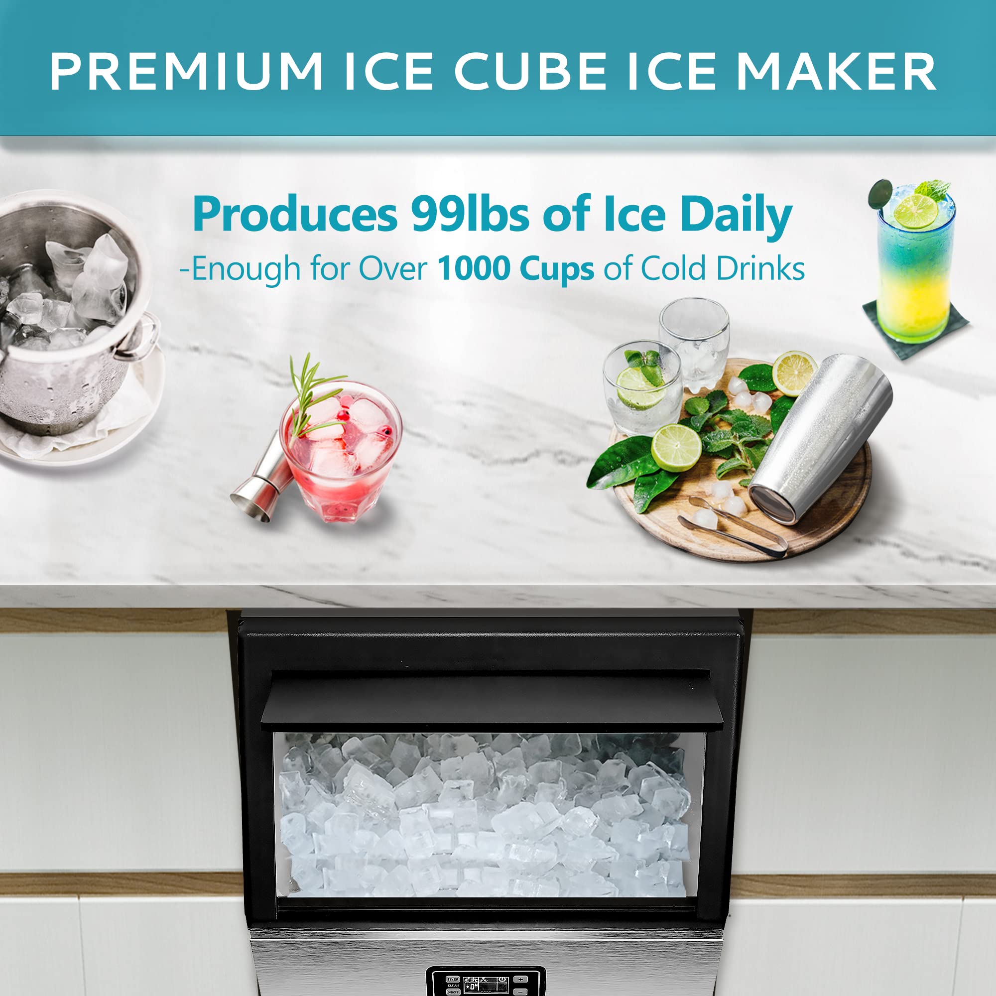 EUHOMY Commercial Ice Maker Machine - 99lbs Daily Production, 33lbs Ice Storage, Stainless Steel Freestanding & Under Counter Ice Maker, Ideal Ice Maker for Home/Bar/Restaurant/Outdoor Activities