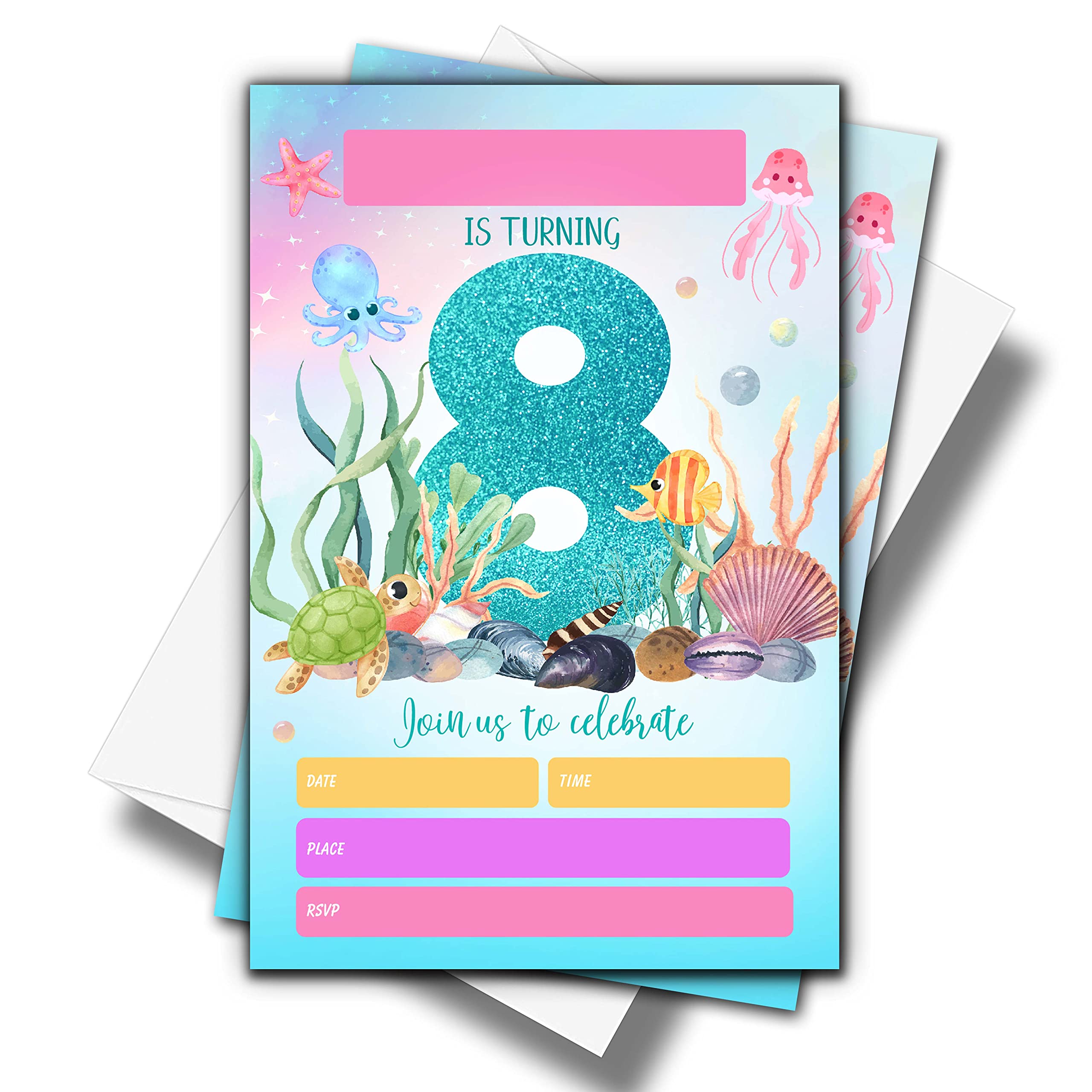 Under the Sea 8th Birthday Party Invitations With Envelopes(4" x 6")- 20 Pack - Ocean Animals Birthday Party Invites-c23