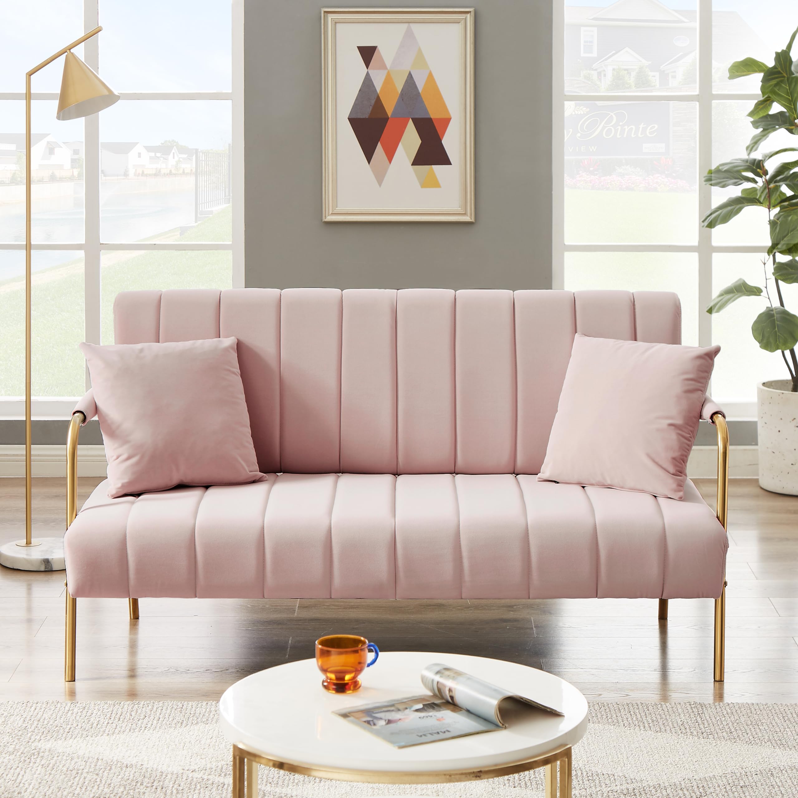 Majnesvon 61" Modern Loveseat Sofa Couch,Cashmere Fabric Small Love Seat w/2 Pillows and Metal Legs,2-Seater Upholstered Mini Sofa Couches for Small Space,Living Room Bedroom Apartments (Pink) (Pink)