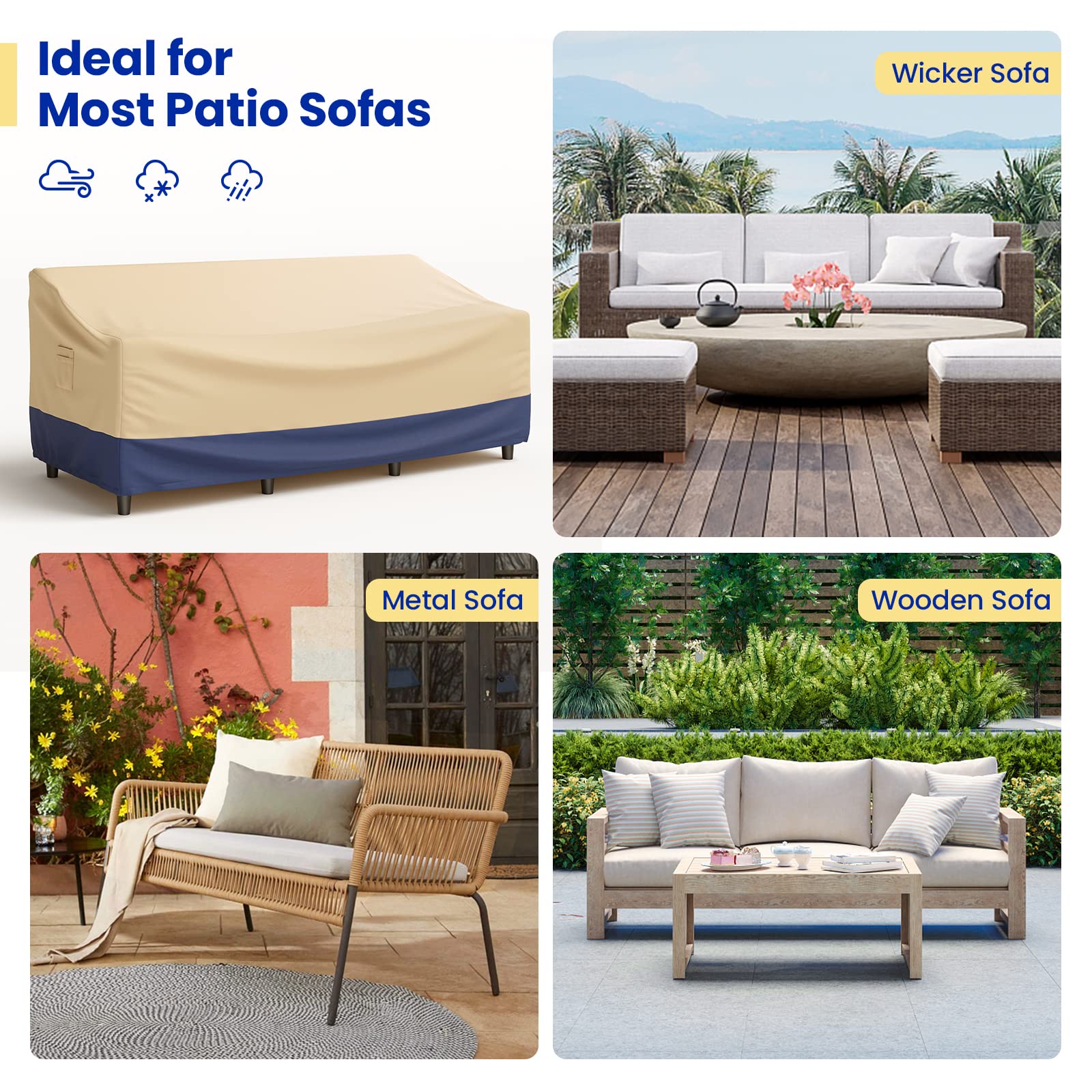 Tangkula Patio Sofa Cover, 3-Seater Waterproof Outdoor Deep Sofa Cover with Padded Handle & Click-Close Straps, Patio Furniture Cover with Air Vent, Heavy Duty PU Couch Cover, 77”W x 43”D x 30”H