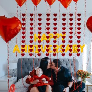 Anniversary Decorations, Happy Anniversary Banner, Red Felt Garland Hanging String Hearts, Heart Balloons, Love Balloon, Red Silk Rose Petals for Wedding Bridal Shower Bachelorette Party Decorations