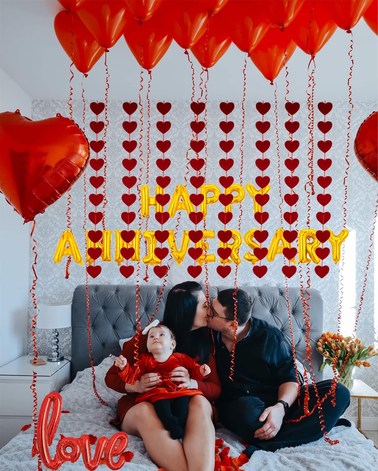 Anniversary Decorations, Happy Anniversary Banner, Red Felt Garland Hanging String Hearts, Heart Balloons, Love Balloon, Red Silk Rose Petals for Wedding Bridal Shower Bachelorette Party Decorations