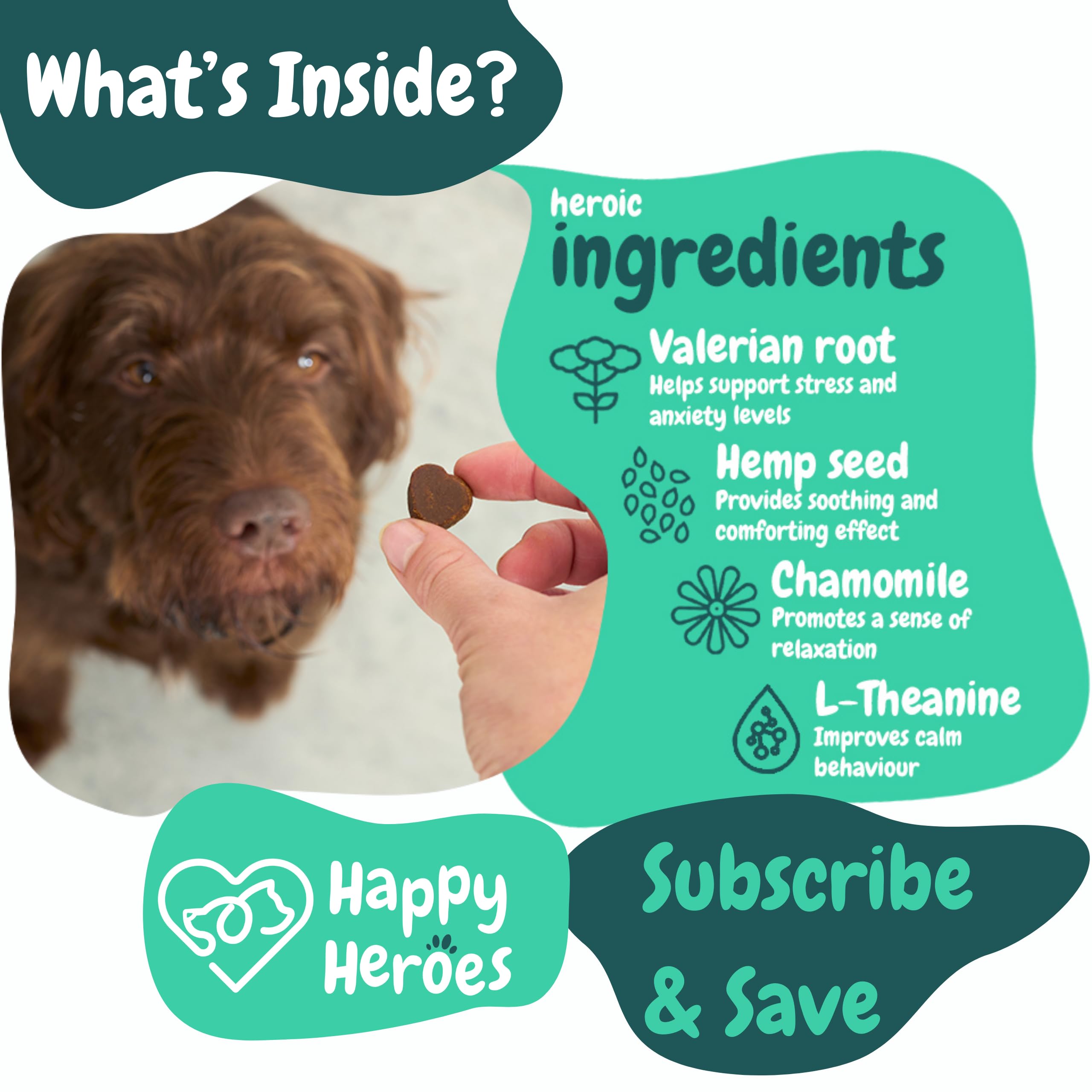 Happy Heroes - Clever Calming Dog Treats, 100% Natural Supplement, Behavioural Health, Reduces Stress, Fear, Hyperactivity, Aggression, Provides Dog Anxiety Relief & Relaxation