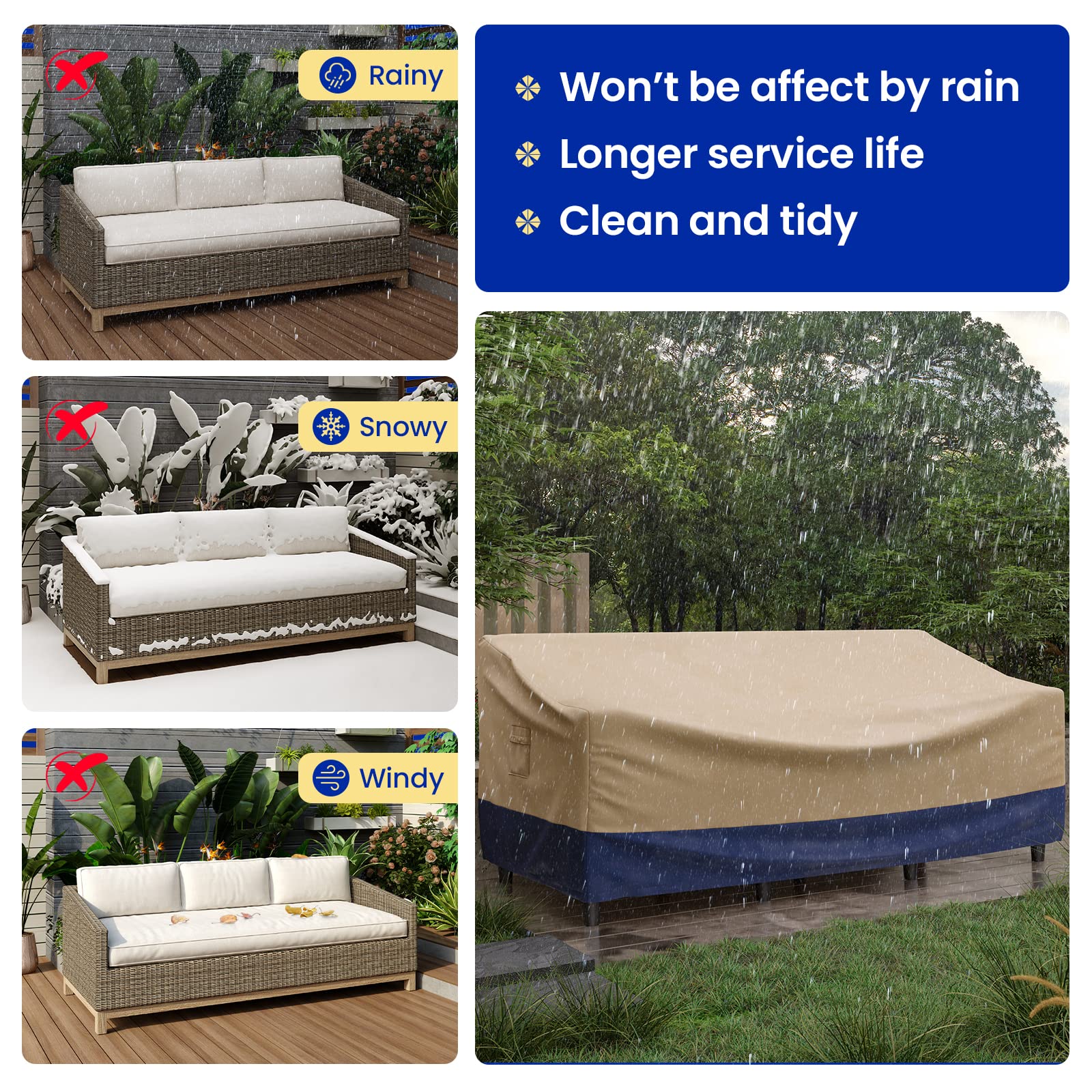 Tangkula Patio Sofa Cover, 3-Seater Waterproof Outdoor Deep Sofa Cover with Padded Handle & Click-Close Straps, Patio Furniture Cover with Air Vent, Heavy Duty PU Couch Cover, 77”W x 43”D x 30”H