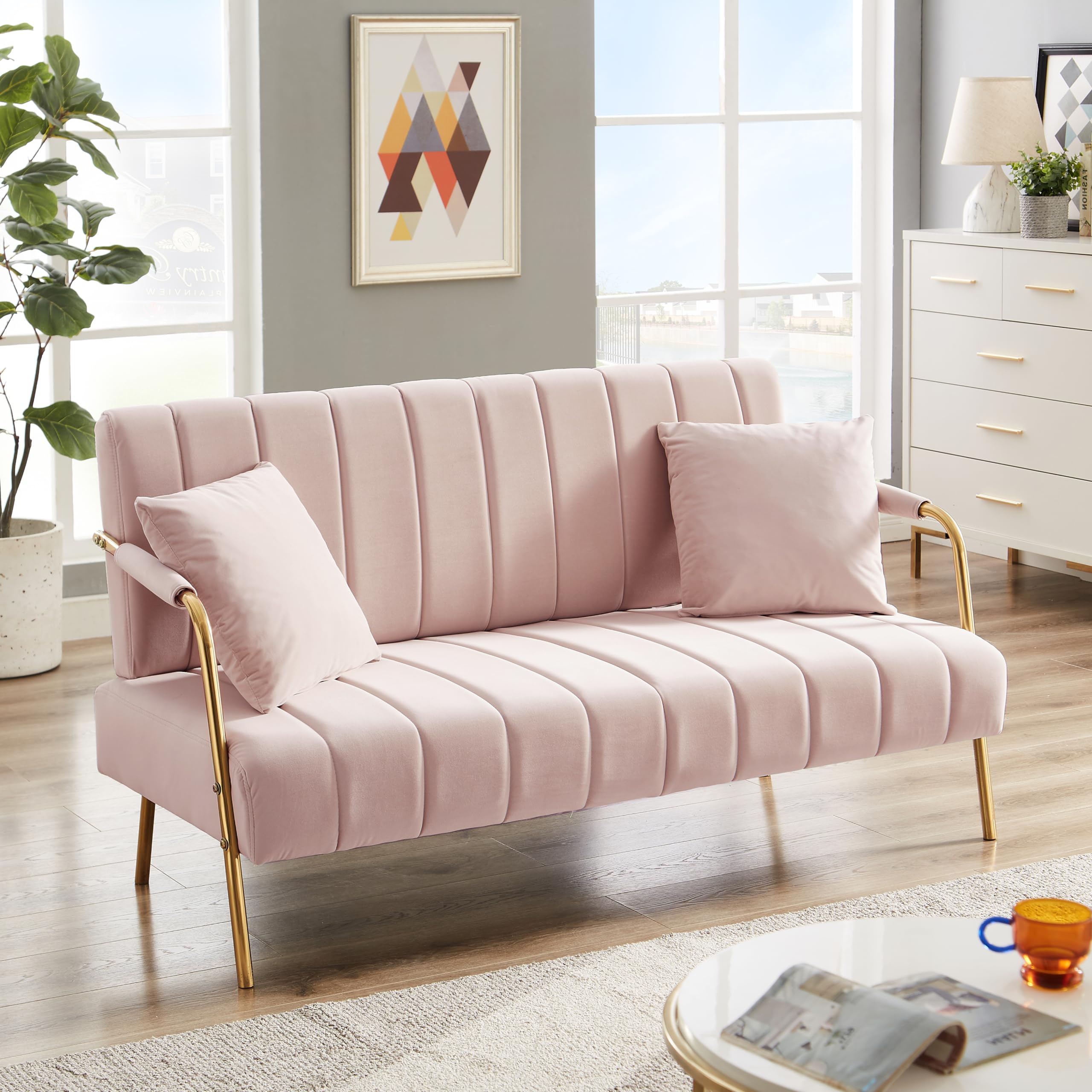 Majnesvon 61" Modern Loveseat Sofa Couch,Cashmere Fabric Small Love Seat w/2 Pillows and Metal Legs,2-Seater Upholstered Mini Sofa Couches for Small Space,Living Room Bedroom Apartments (Pink) (Pink)