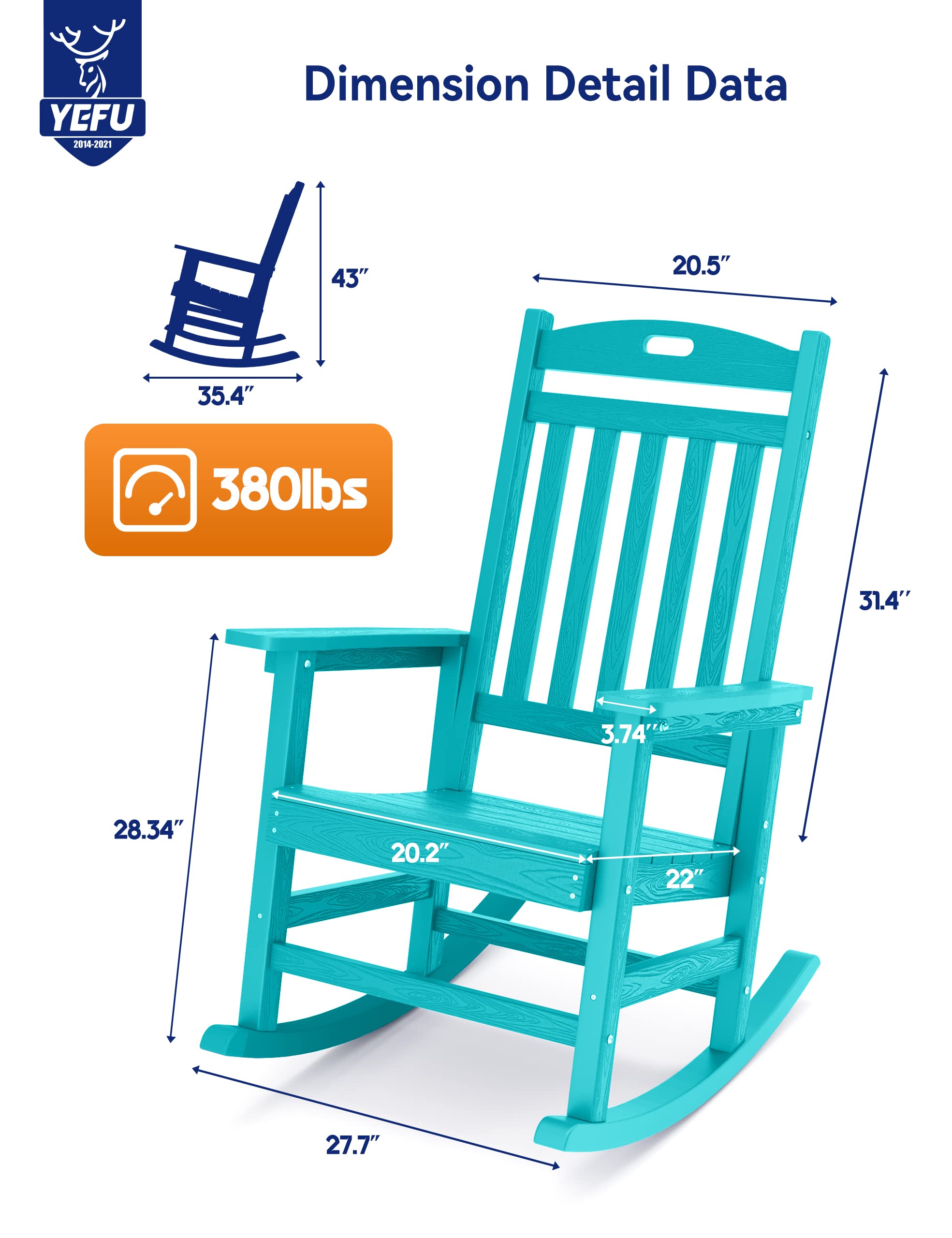 YEFU Outdoor Rocking Chair, Poly Lumber Rocking Chairs for Porch Set of 2 with High Back, Poly Rocking Chair Look Like Real Wood, Widely Used for Patio, Lawn, Indoor,380lb Heavy Duty(Aruba Blue)