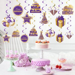 Purple Gold Birthday Hanging Swirls Decorations for Women Girls, Purple Happy Birthday Foil Swirls Party Supplies, 10th 16th 21st 30th 40th 50th 60th Bday Ceiling Sign Decor