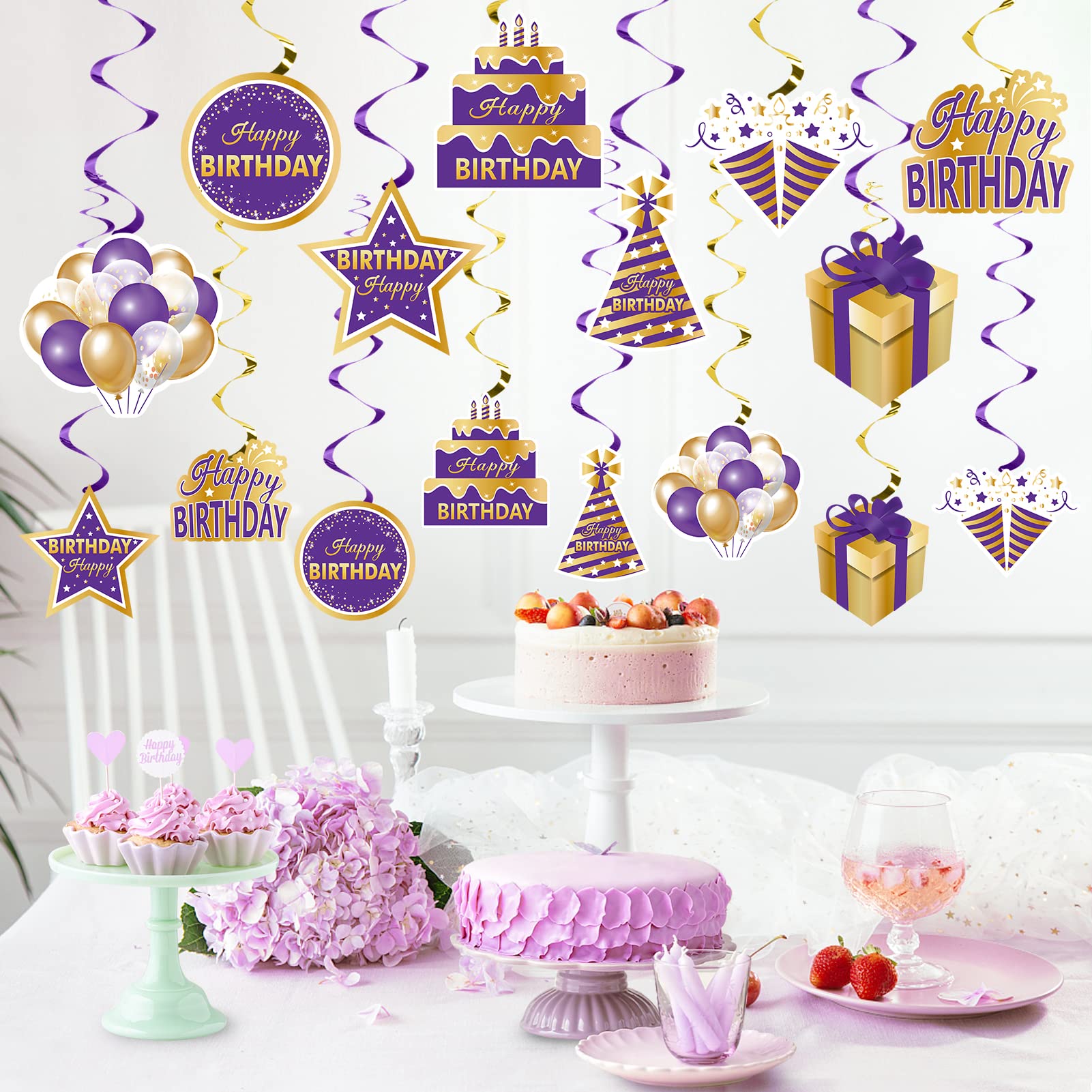 Purple Gold Birthday Hanging Swirls Decorations for Women Girls, Purple Happy Birthday Foil Swirls Party Supplies, 10th 16th 21st 30th 40th 50th 60th Bday Ceiling Sign Decor