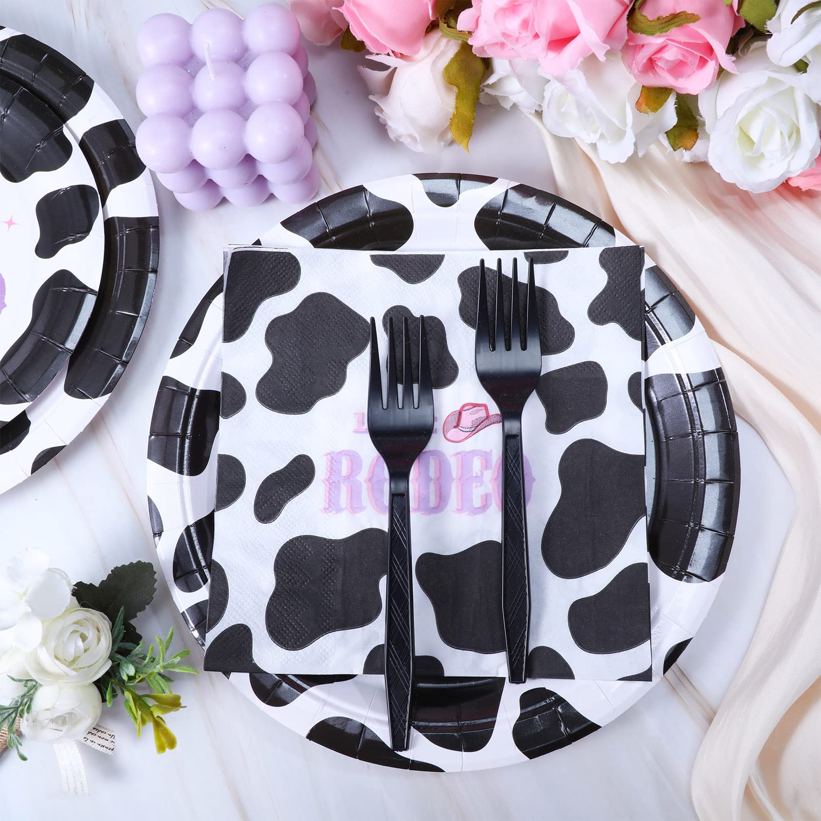 72 Pcs Cow Print Party Tableware Supplies Last Rodeo Girl Bachelorette Party Tableware Set Include Cowgirl Print Plate Napkin Fork for Baby Shower Farm Animal Cow Theme Party Decoration Serve 16 Guest