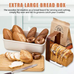 Triiter Bread Box With Bamboo Wood Cutting Board Lid & Bread Slicer Holder, Rectangular Cream Color Bread Container For Kitchen Countertop, 14.8 x 8.4 x 5.3in, Bread Storage Container