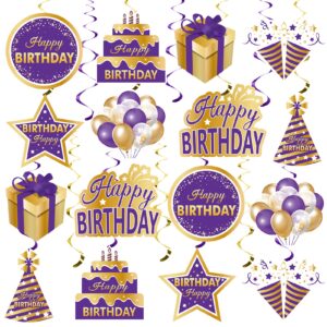 purple gold birthday hanging swirls decorations for women girls, purple happy birthday foil swirls party supplies, 10th 16th 21st 30th 40th 50th 60th bday ceiling sign decor