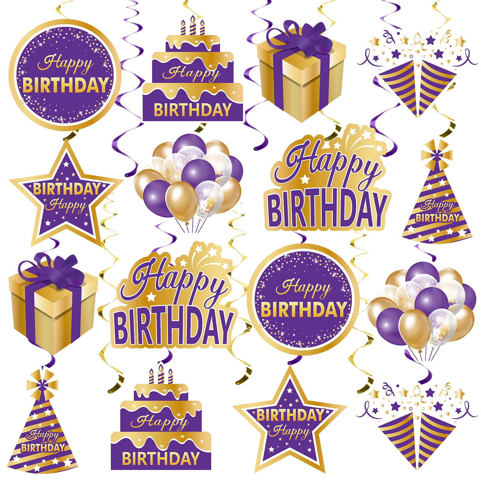 Purple Gold Birthday Hanging Swirls Decorations for Women Girls, Purple Happy Birthday Foil Swirls Party Supplies, 10th 16th 21st 30th 40th 50th 60th Bday Ceiling Sign Decor