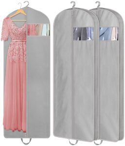 kimbora 60" dress garment bags for storage and travel, gusseted hanging clothes bags for closet storage with handles for long gowns, coats（3 packs,gray）