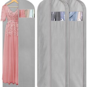 KIMBORA 60" Dress Garment Bags for Storage and Travel, Gusseted Hanging Clothes Bags for Closet Storage with Handles for Long Gowns, Coats（3 Packs,Gray）