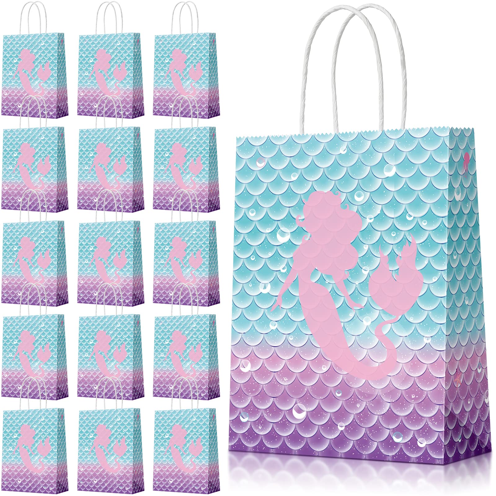 Jectivs 16 Pieces Mermaid Birthday Party Favor Bags,Girls Kraft Paper Gift Bags Mermaid Candy Goodie Treat Bags with Handles for Kids Little Mermaid Under The Sea Themed Baby Shower Party Supplies