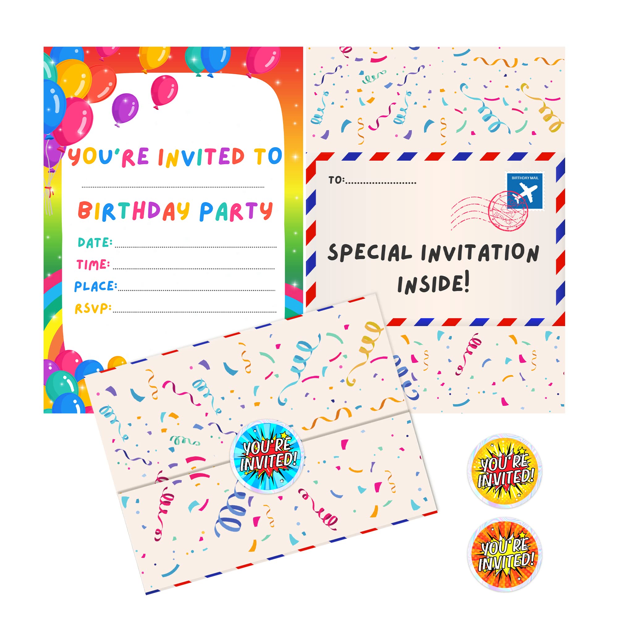 BestaFiesta 36 Kids Childrens Birthday Party Invitations with Folding Envelope Design and Holographic Stickers (Rainbow)