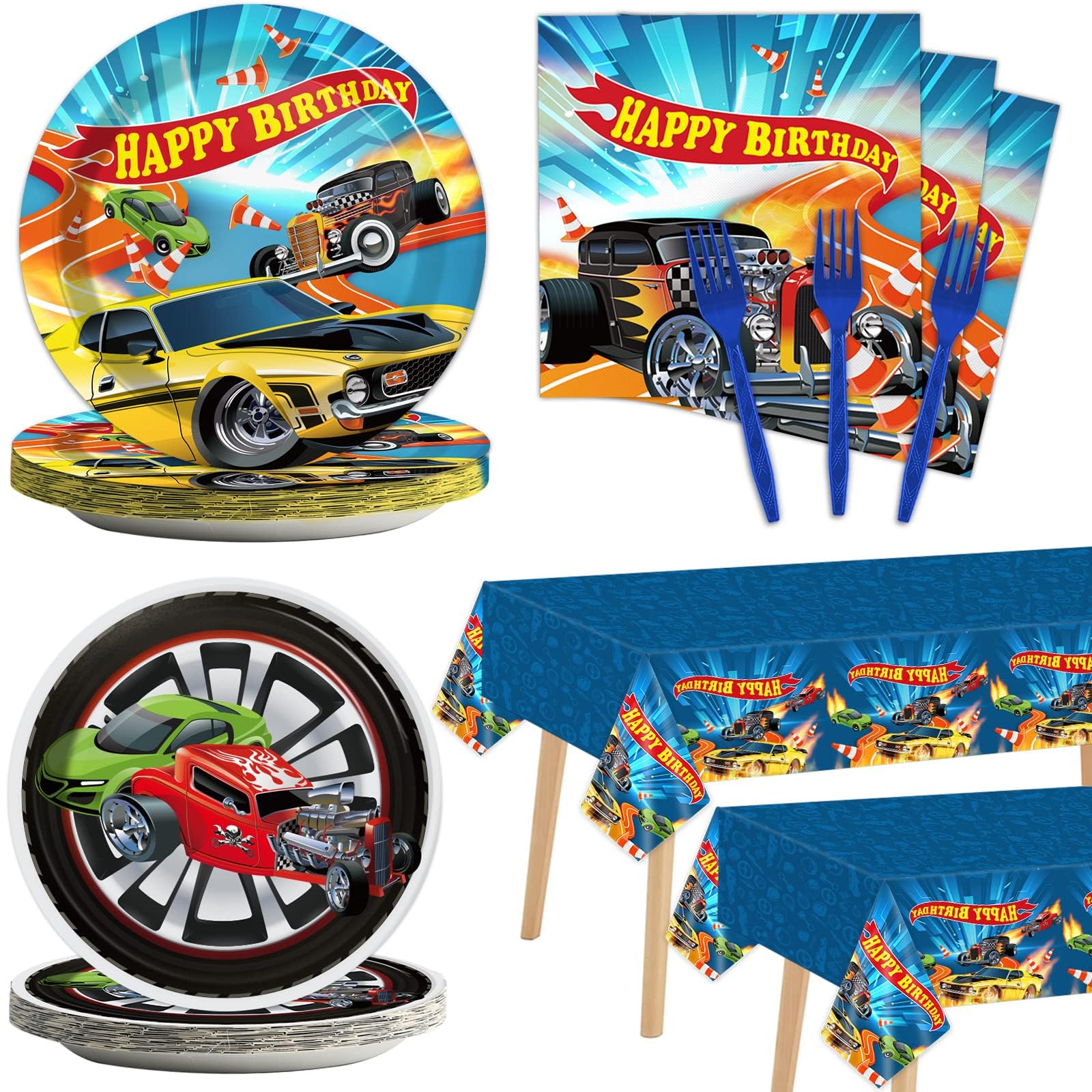 98 Pieces Racing Car Party Decorations Hot Car Tableware Set Racing Car Plates Napkins Tablecloth Party Supplies Kit for Kids Boys Racing Birthday Table Cover Dinnerware Party Favors 24 Guests