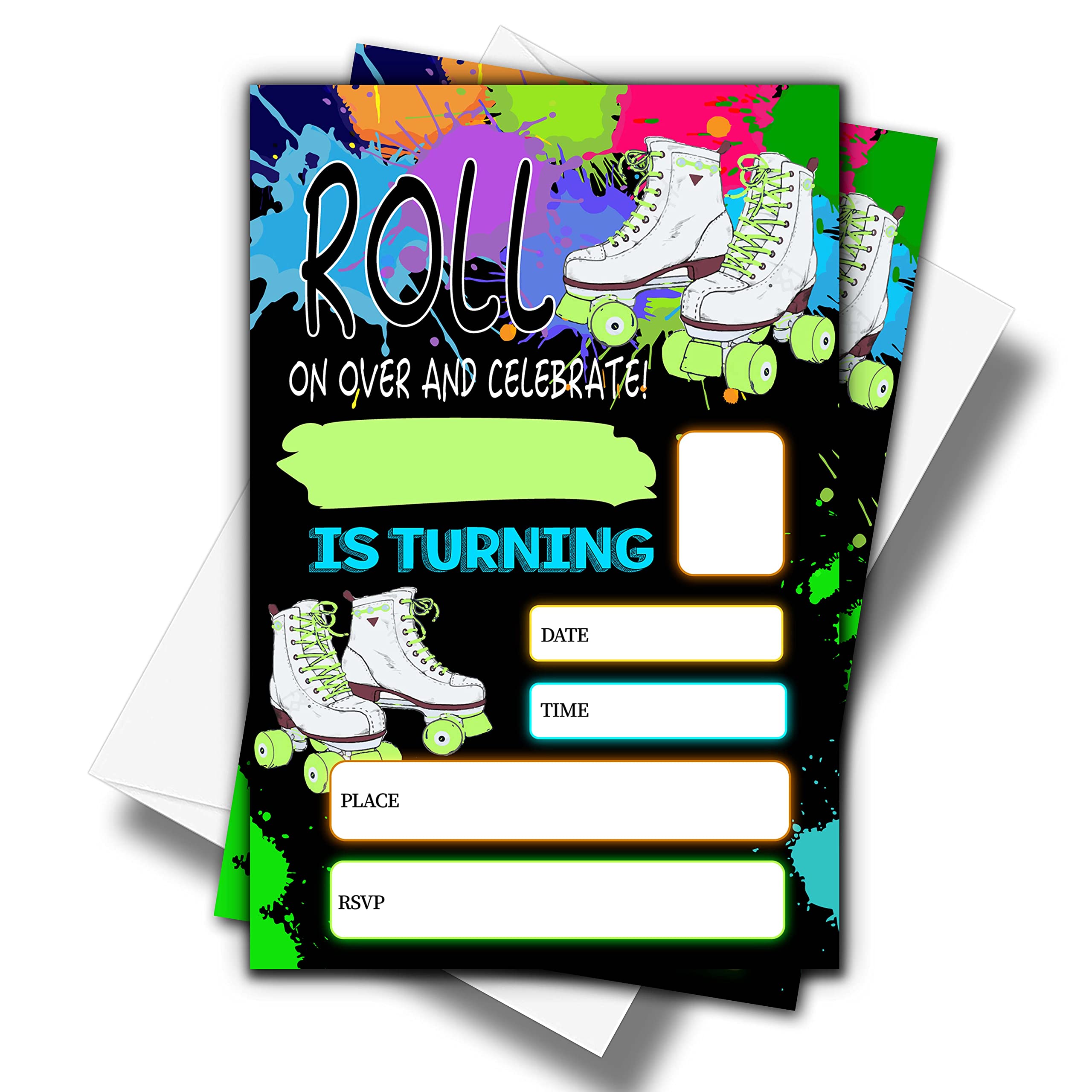 ONDTOM Roller Skating Birthday Party Invitations With Envelopes(4" x 6")- 20 Pack - Neon Glow Skate Party Invites-c55