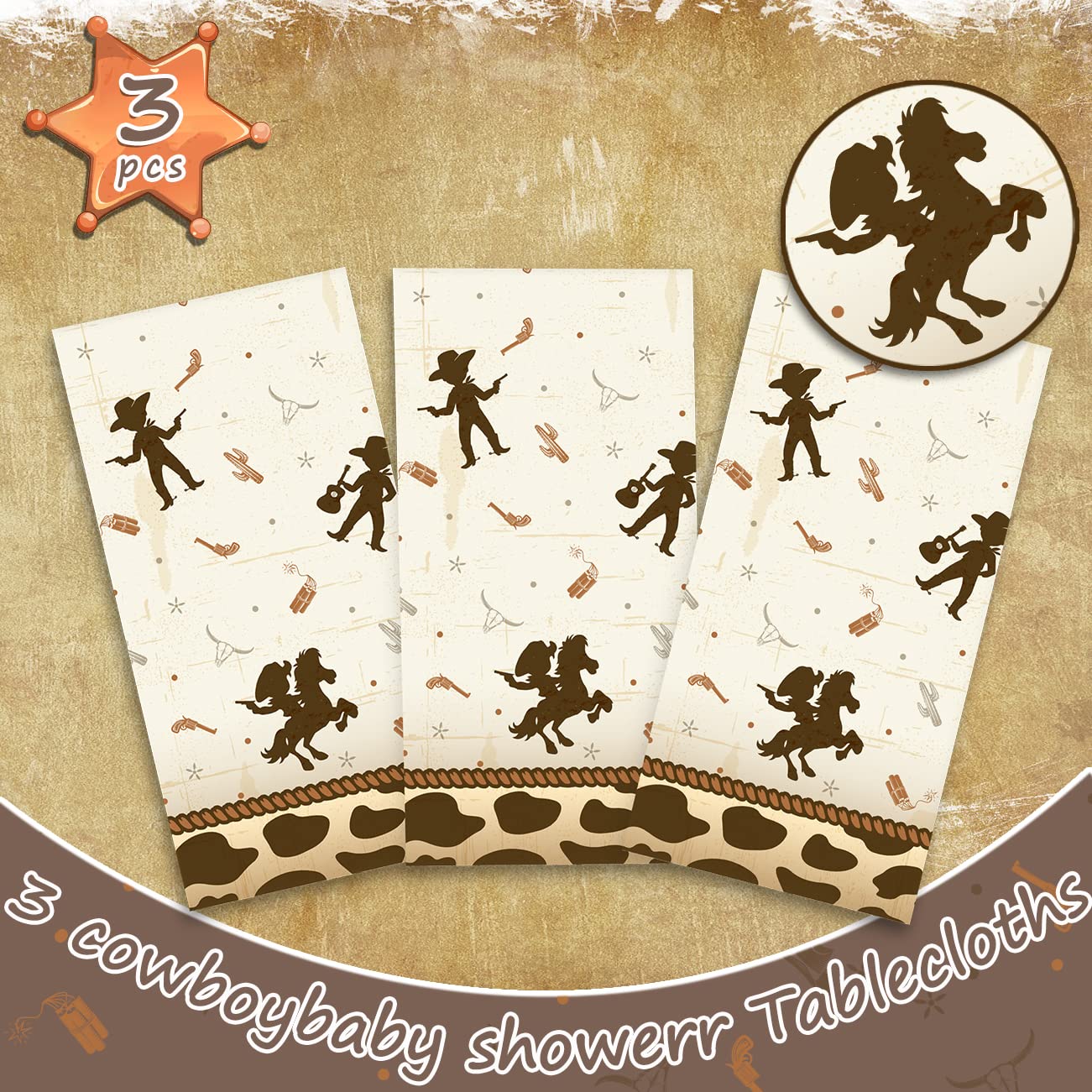 Haimimall Cowboy Baby Shower Tablecloths Western Party Decoration Plastic Disposable Rectangle Table Cover for Boy Baby Shower Cowboy Theme Birthday Party Supplies,54 * 108Inch (3 Pack)