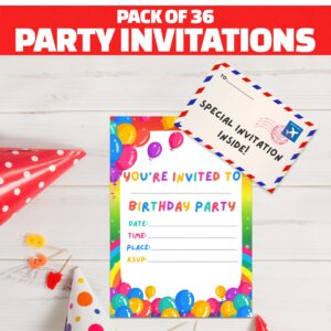 BestaFiesta 36 Kids Childrens Birthday Party Invitations with Folding Envelope Design and Holographic Stickers (Rainbow)