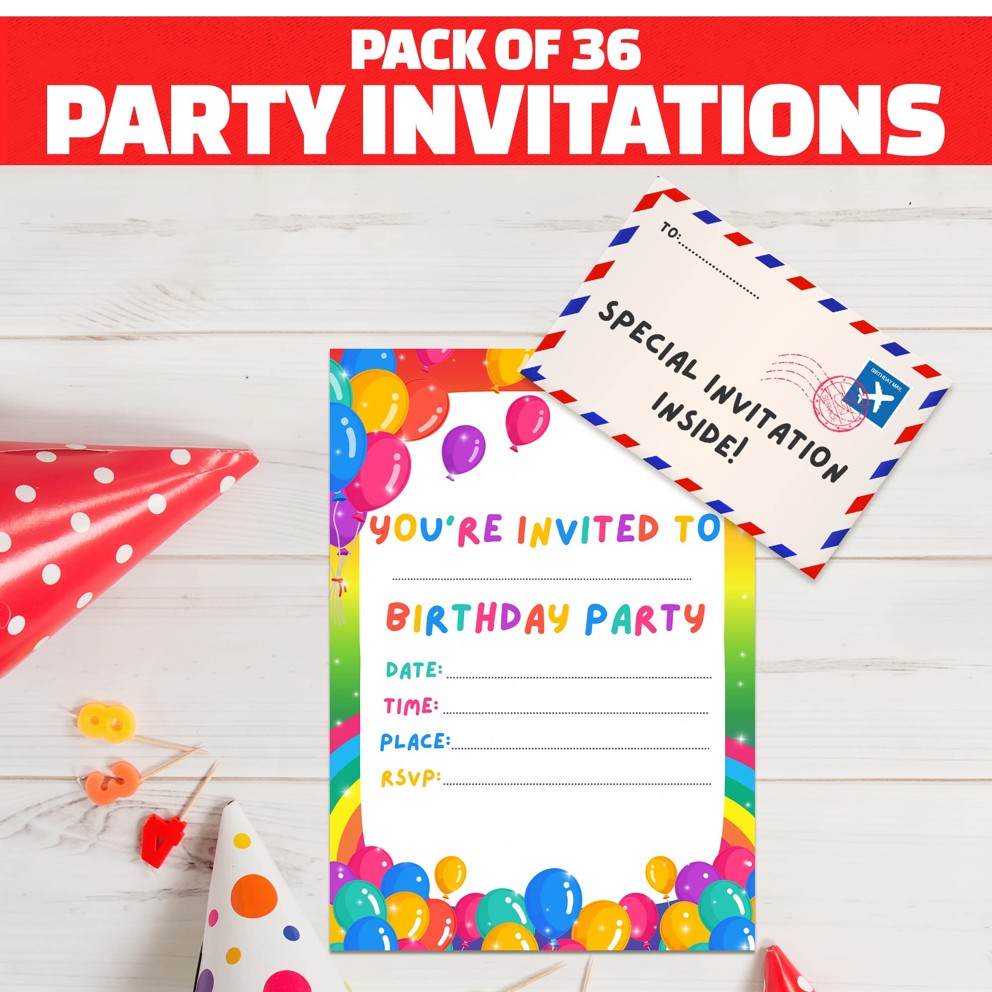 BestaFiesta 36 Kids Childrens Birthday Party Invitations with Folding Envelope Design and Holographic Stickers (Rainbow)