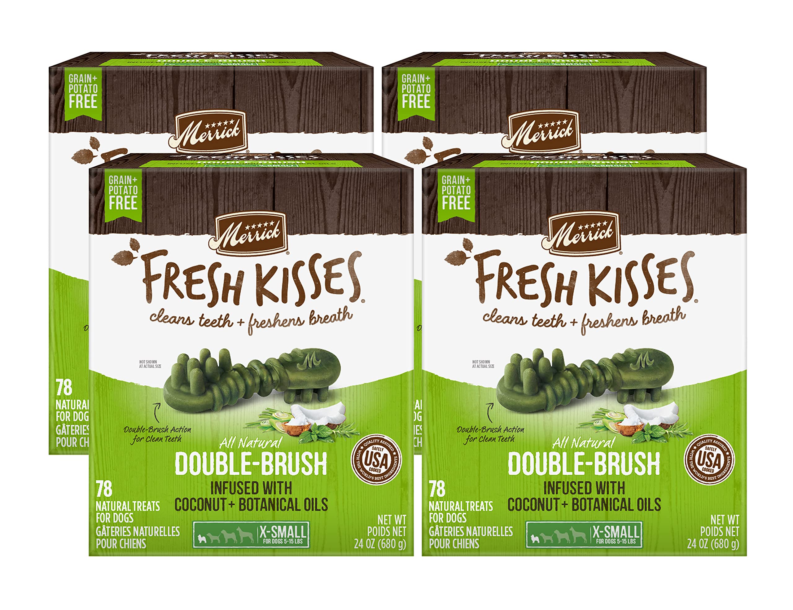 Merrick Fresh Kisses Double-Brush Dental Dog Treats, Infused with Coconut & Botanical Oils, Grain & Potato Free, for X-Small Dogs, 78 CT Treats/Pack (Pack of 4)