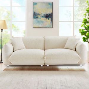 fulocseny mid century 86'' modern couch for living room,lambswool fabric 3 seater sofa,solid wood frame and stable metal legs with 2 pillows,sofa furniture apartment (white, 85.8''*34.5''*29.5'')