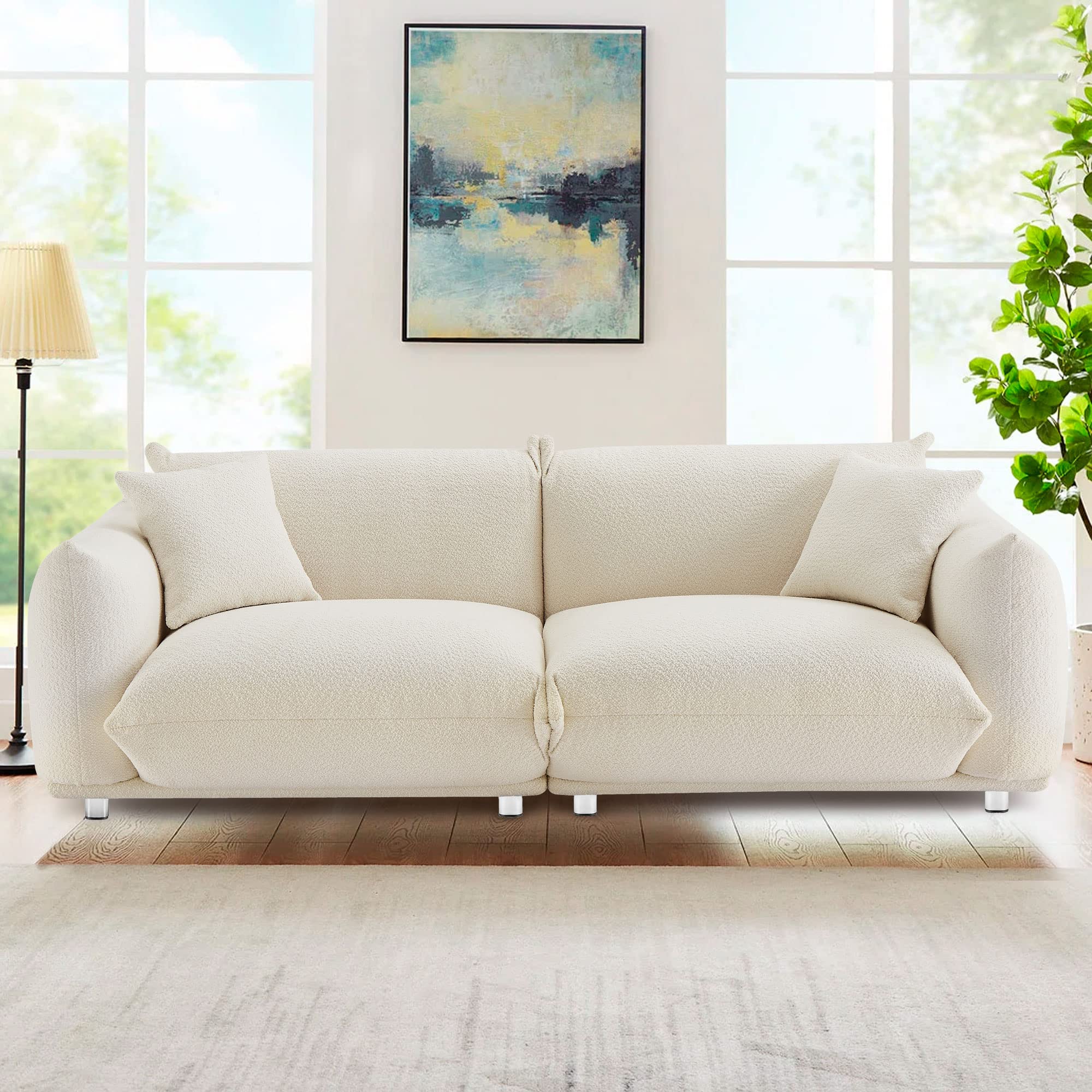 Fulocseny Mid Century 86'' Modern Couch for Living Room,Lambswool Fabric 3 Seater Sofa,Solid Wood Frame and Stable Metal Legs with 2 Pillows,Sofa Furniture Apartment (White, 85.8''*34.5''*29.5'')