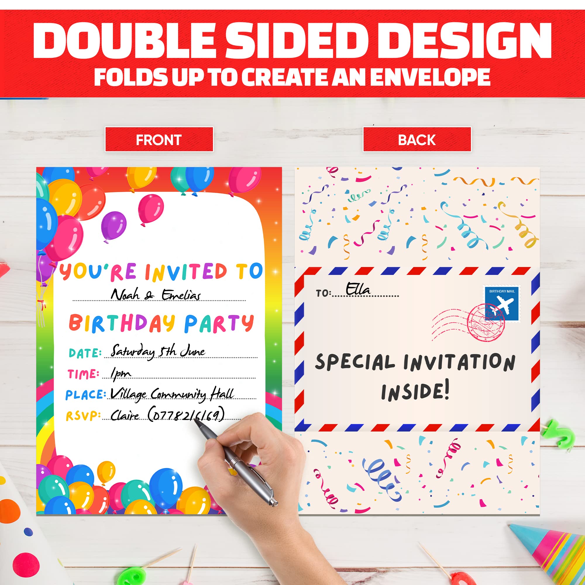 BestaFiesta 36 Kids Childrens Birthday Party Invitations with Folding Envelope Design and Holographic Stickers (Rainbow)