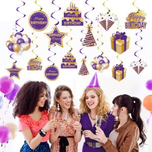 Purple Gold Birthday Hanging Swirls Decorations for Women Girls, Purple Happy Birthday Foil Swirls Party Supplies, 10th 16th 21st 30th 40th 50th 60th Bday Ceiling Sign Decor