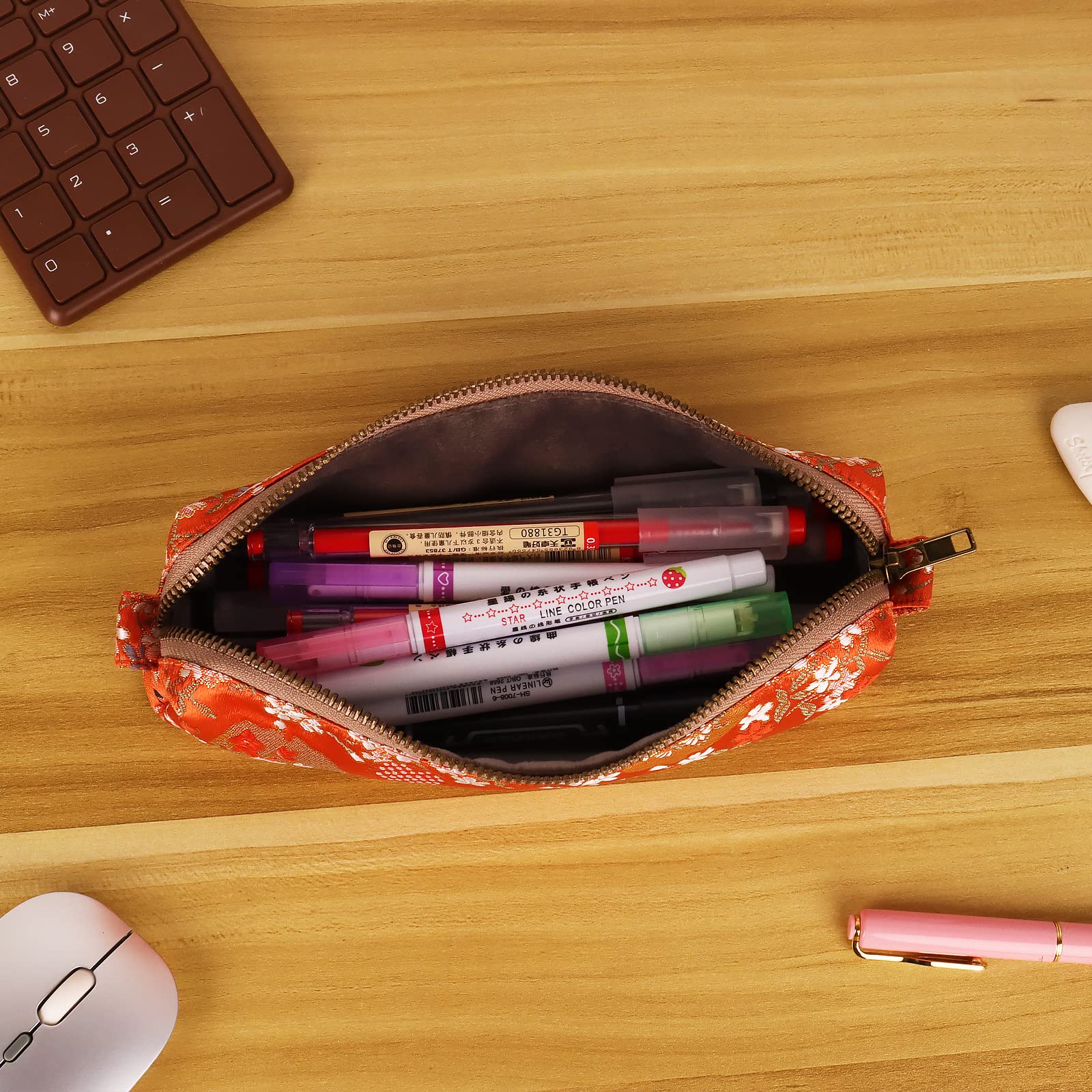 PurpleWillow Embroidered Small pencil case, pencil pouch,Portable Pencil Bag,Cosmetic Bag Coin Pouch,Office Stationery Organizer, woman,Adult (Orange-red)