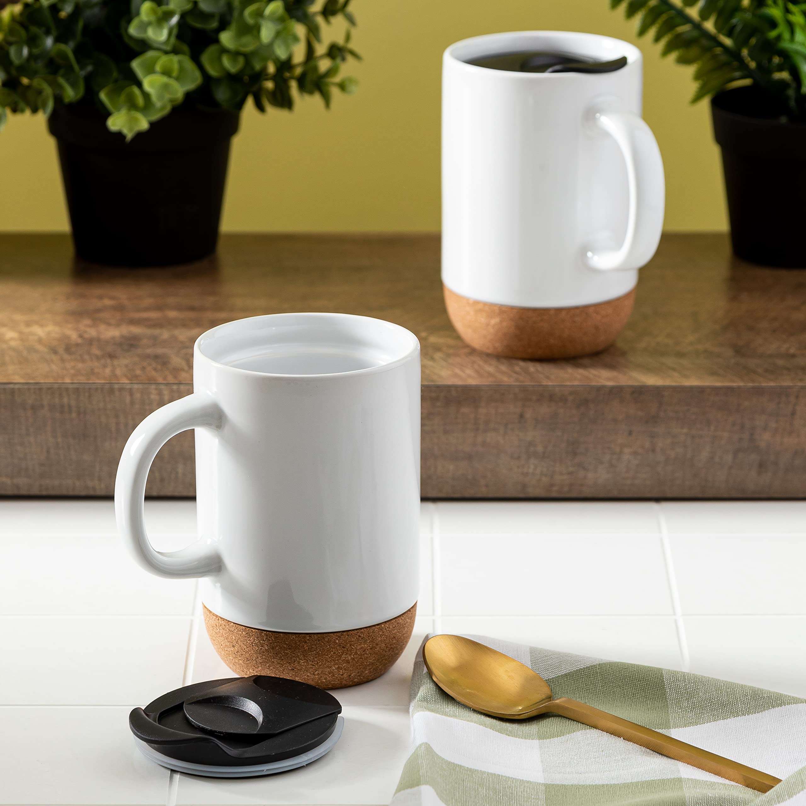 Gibson Home Modani 2 Pack Large 16.5 OZ Ceramic Mugs Set with Removable Cork Bottom and Lid - White