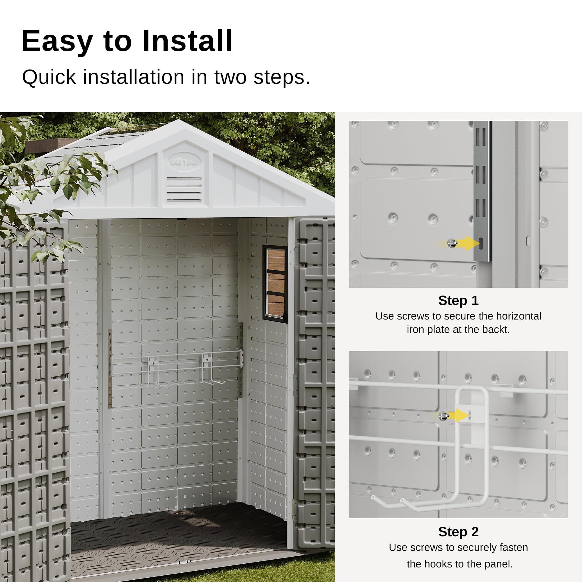 EAST OAK Metal Hook Set, Suitable for 7×4×8.2 FT Waterproof Resin Tool Shed with Window, 152Cu.ft Outside House Shed, Easy to Assemble, High Weight Capacity, Rust Proof and Durable