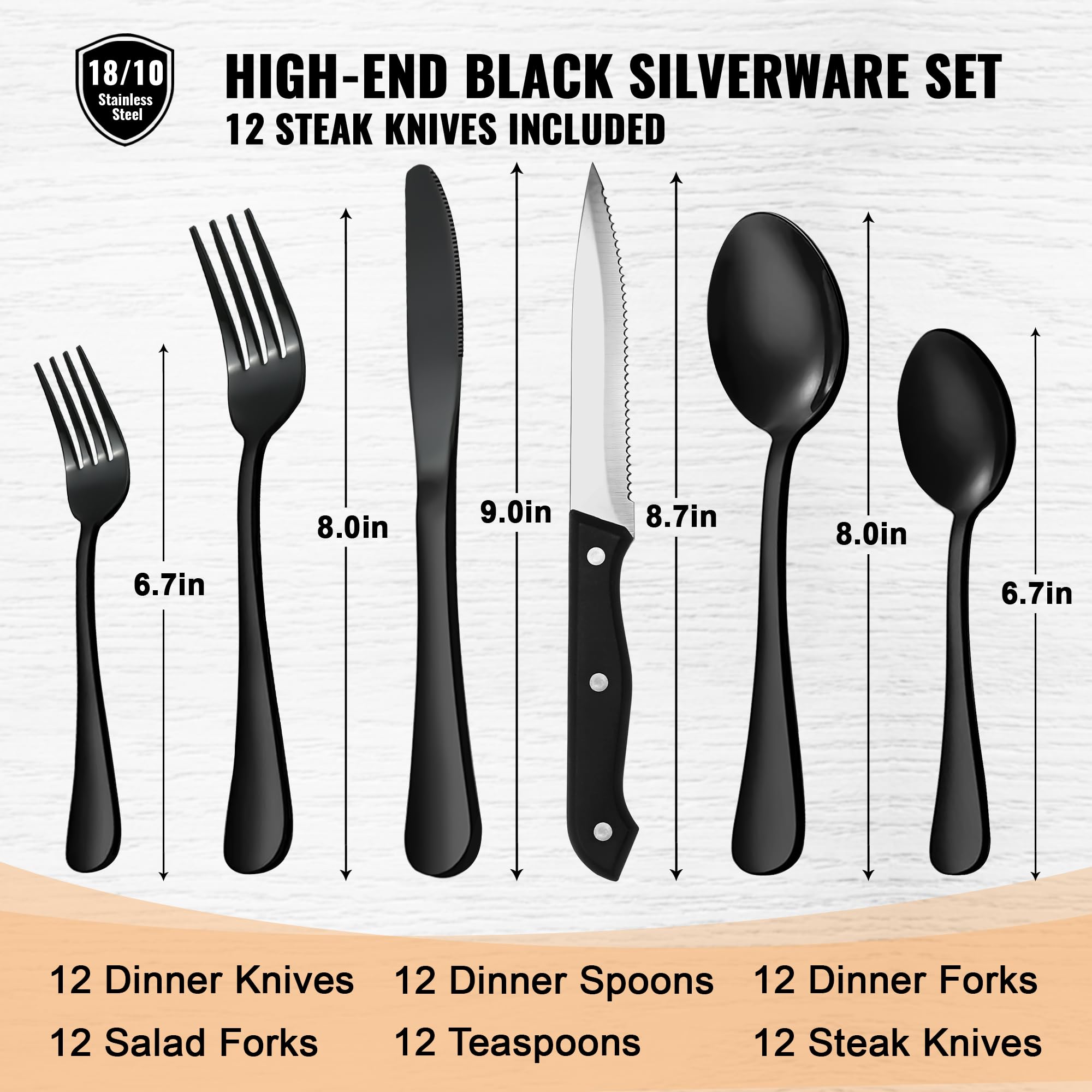 Silverware Set, 72-Piece Black Silverware Set with Steak Knives Stainless Steel Cutlery Set for 12 Includes Knives Forks and Spoons Kitchen Silverware Sets for Home, Mirror Polished & Dishwasher Safe