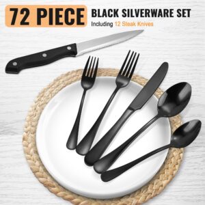 Silverware Set, 72-Piece Black Silverware Set with Steak Knives Stainless Steel Cutlery Set for 12 Includes Knives Forks and Spoons Kitchen Silverware Sets for Home, Mirror Polished & Dishwasher Safe