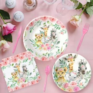 HIPVVILD Jungle Theme Party Supplies Tableware Girl - Safari Birthday Decorations Dinnerware, Plate, Napkin, Tablecloth, Fork, Pink Safari Jungle Animal Baby Shower Birthday Party Supplies | Serve 24