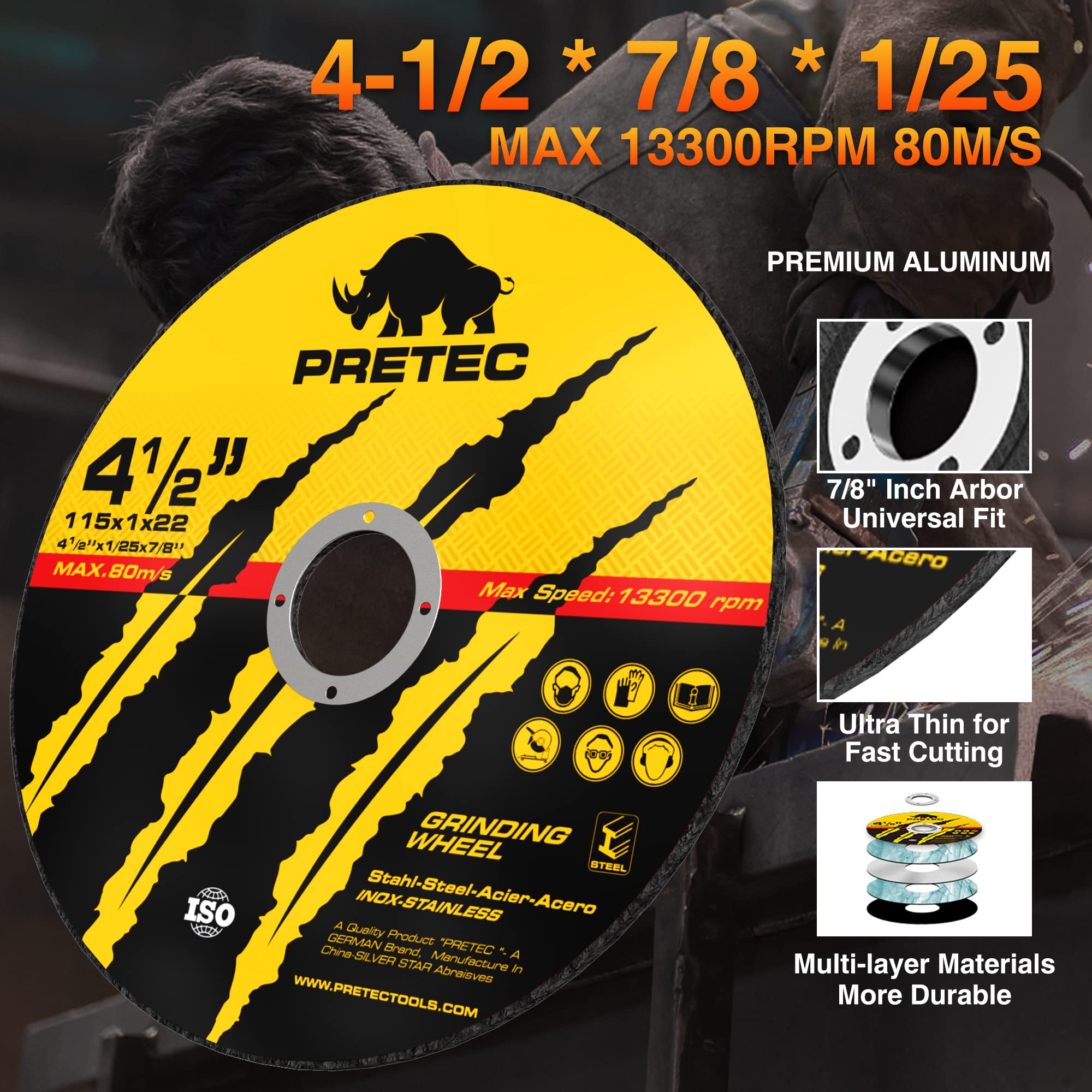 Cut Off Wheels 4-1/2", PRETEC 50+5 Pack Metal Cutting Wheel,Thin 4.5” Metal & Stainless Steel Fast Cutting Discs for Angle Grinder - 7/8" Arbor Hole