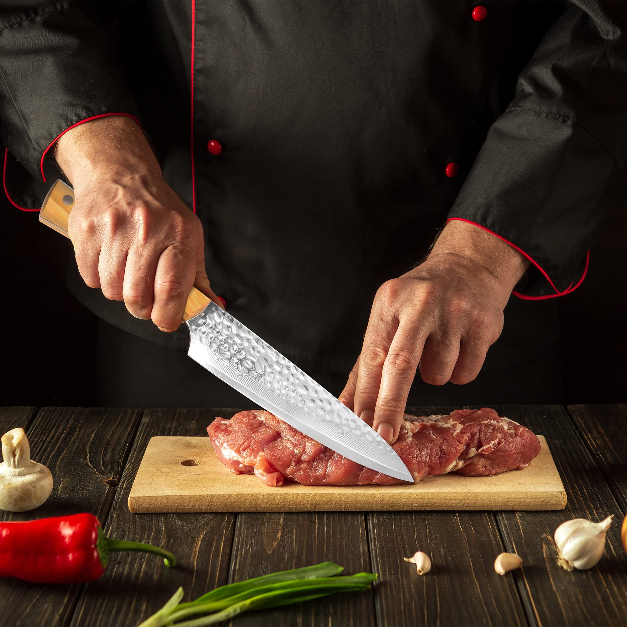 Moorhaus 8" Kitchen Knife, Stainless Damascus Steel 67 Layer - Razor Sharp, Superb Edge Retention, Stain & Corrosion Resistant Chefs Knives