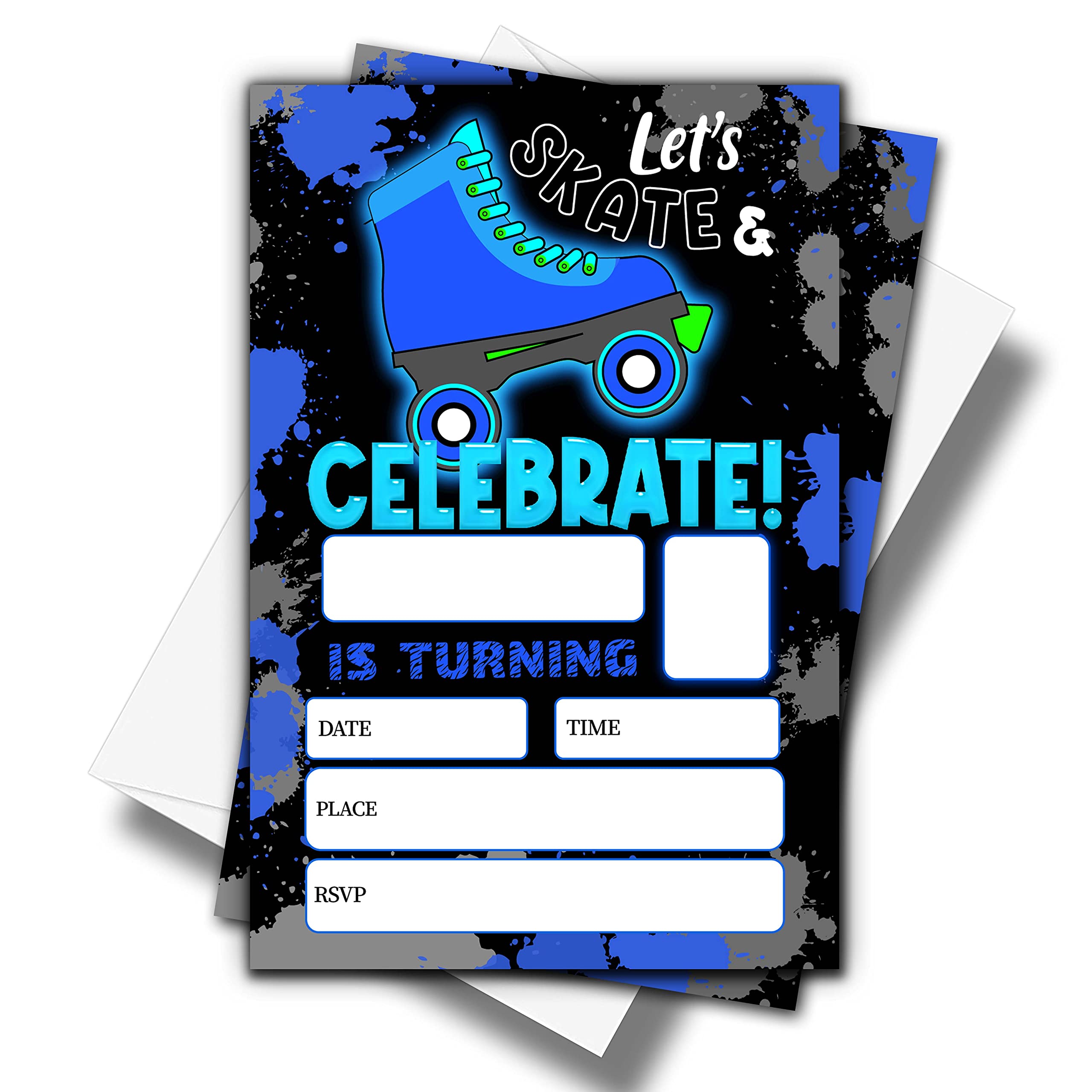 ONDTOM Blue Roller Skating Birthday Party Invitations With Envelopes(4" x 6")- 20 Pack - Neon Glow Skating Party Invites-c15