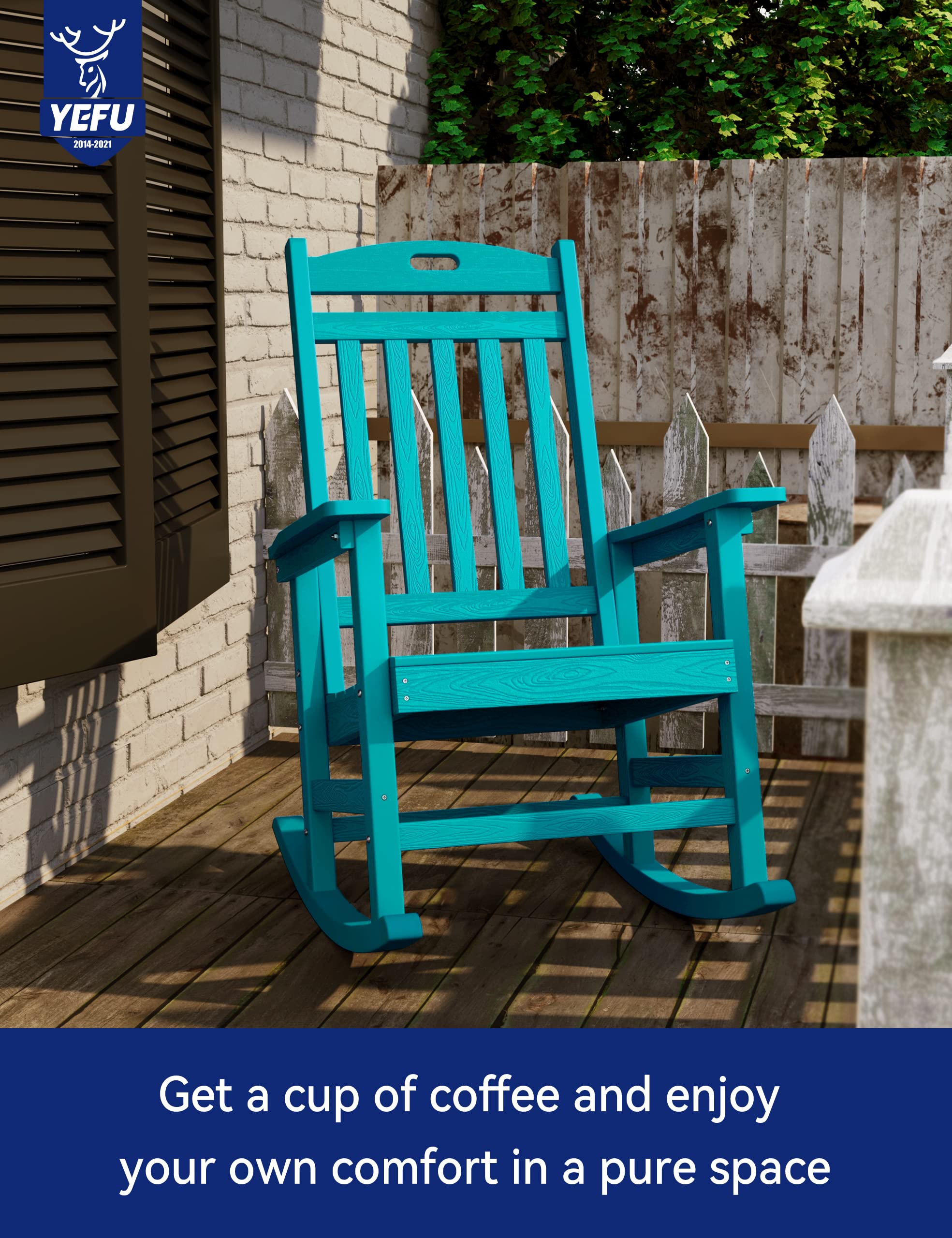 YEFU Outdoor Rocking Chair, Poly Lumber Rocking Chairs for Porch Set of 2 with High Back, Poly Rocking Chair Look Like Real Wood, Widely Used for Patio, Lawn, Indoor,380lb Heavy Duty(Aruba Blue)