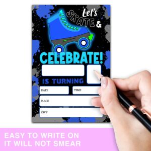 ONDTOM Blue Roller Skating Birthday Party Invitations With Envelopes(4" x 6")- 20 Pack - Neon Glow Skating Party Invites-c15