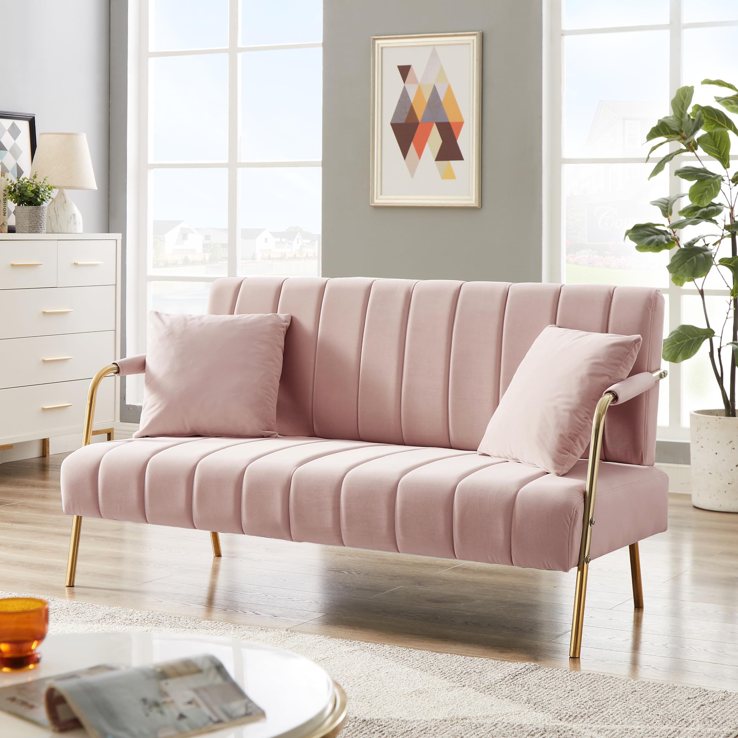 Majnesvon 61" Modern Loveseat Sofa Couch,Cashmere Fabric Small Love Seat w/2 Pillows and Metal Legs,2-Seater Upholstered Mini Sofa Couches for Small Space,Living Room Bedroom Apartments (Pink) (Pink)