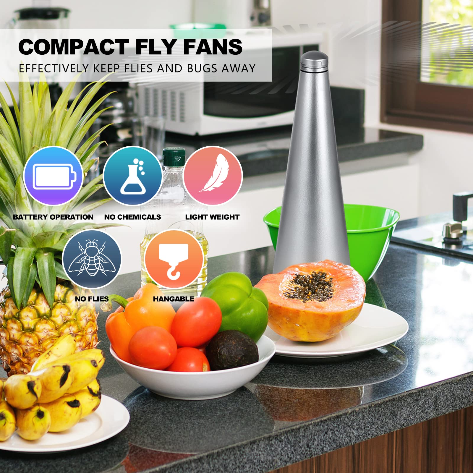 VAIPI 5 Pack Fly Fans for Tables, Outdoor Indoor Portable USB Fly Fan with 2 Fly Swatter, USB & Battery Operated Table Top Food Fan Picnic Fly Spinner for Restaurant, Patio, Kitchen, Party, BBQ