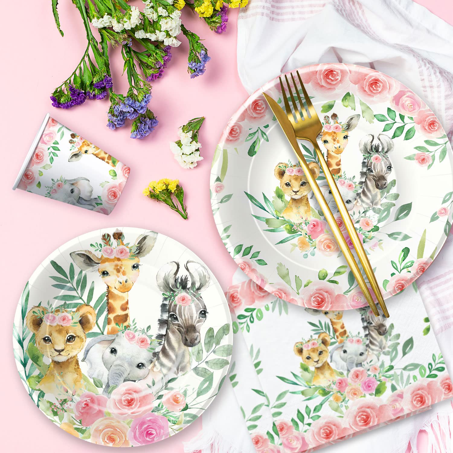 HIPVVILD Jungle Theme Party Supplies Tableware Girl - Safari Birthday Decorations Dinnerware, Plate, Napkin, Tablecloth, Fork, Pink Safari Jungle Animal Baby Shower Birthday Party Supplies | Serve 24